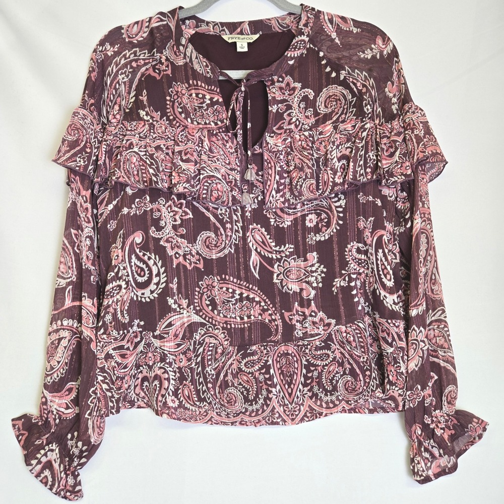 Frye And Co Paisley Print Ruffle Long Sleeve Boho Blouse Burgundy Red Pink Small
